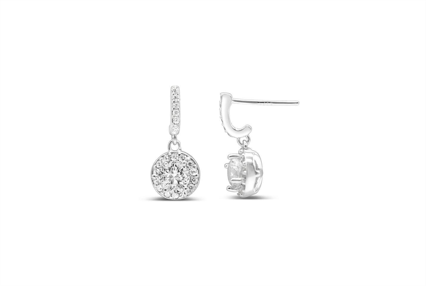 Round Solitaire Halo Drop Earrings