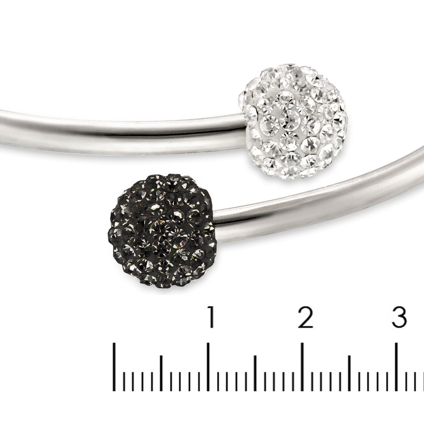 STERLING SILVER BYPASS BANGLE WITH JRT/WHITR CRYSTAL BALLS BEAD