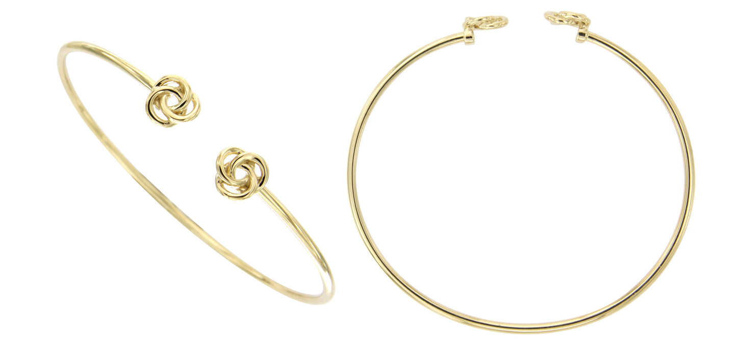 STERLING SILVER GOLD PLATED OPEN END BANGLE W/ LOVE KNOT ENDS