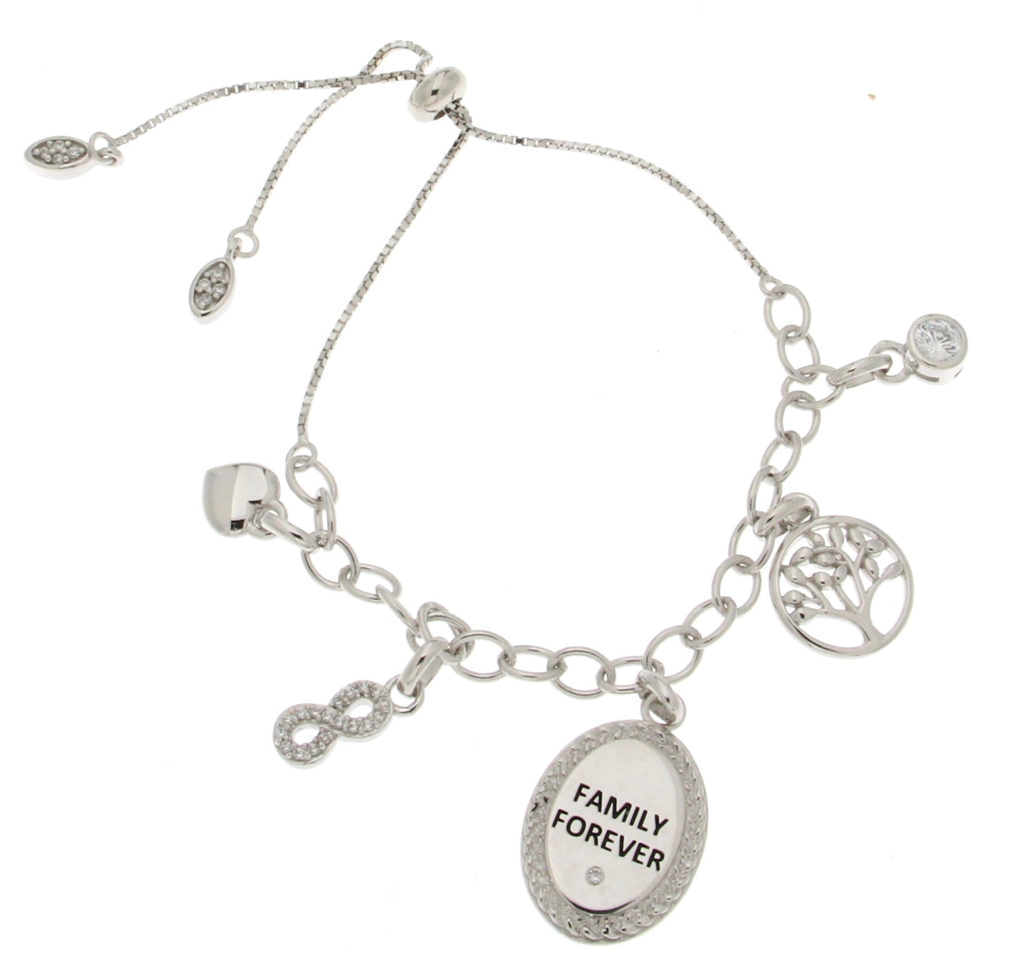STERLING SILVER " FAMILY FOREVER " CHARM BOLO BRACELET