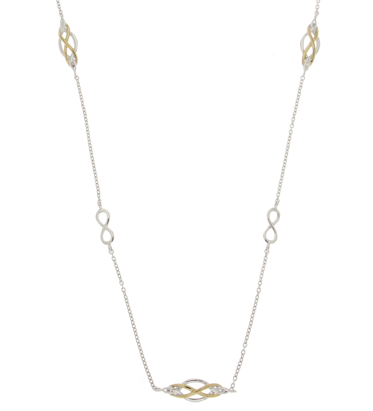 STERLING SILVER 28" TWO TONES/S GOLD PLATED NECKLACE W/ 4 LOVE KNOTS STATION