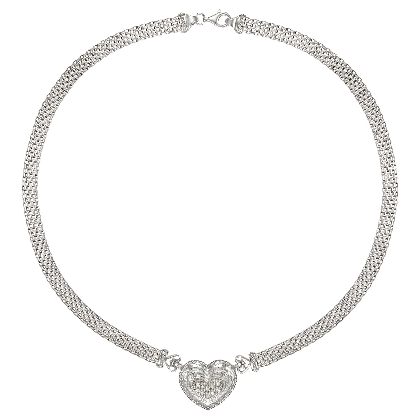 STERLING SILVER CUIBC HEART PAVE ON WIDE MESH OMEGA CHAIN
