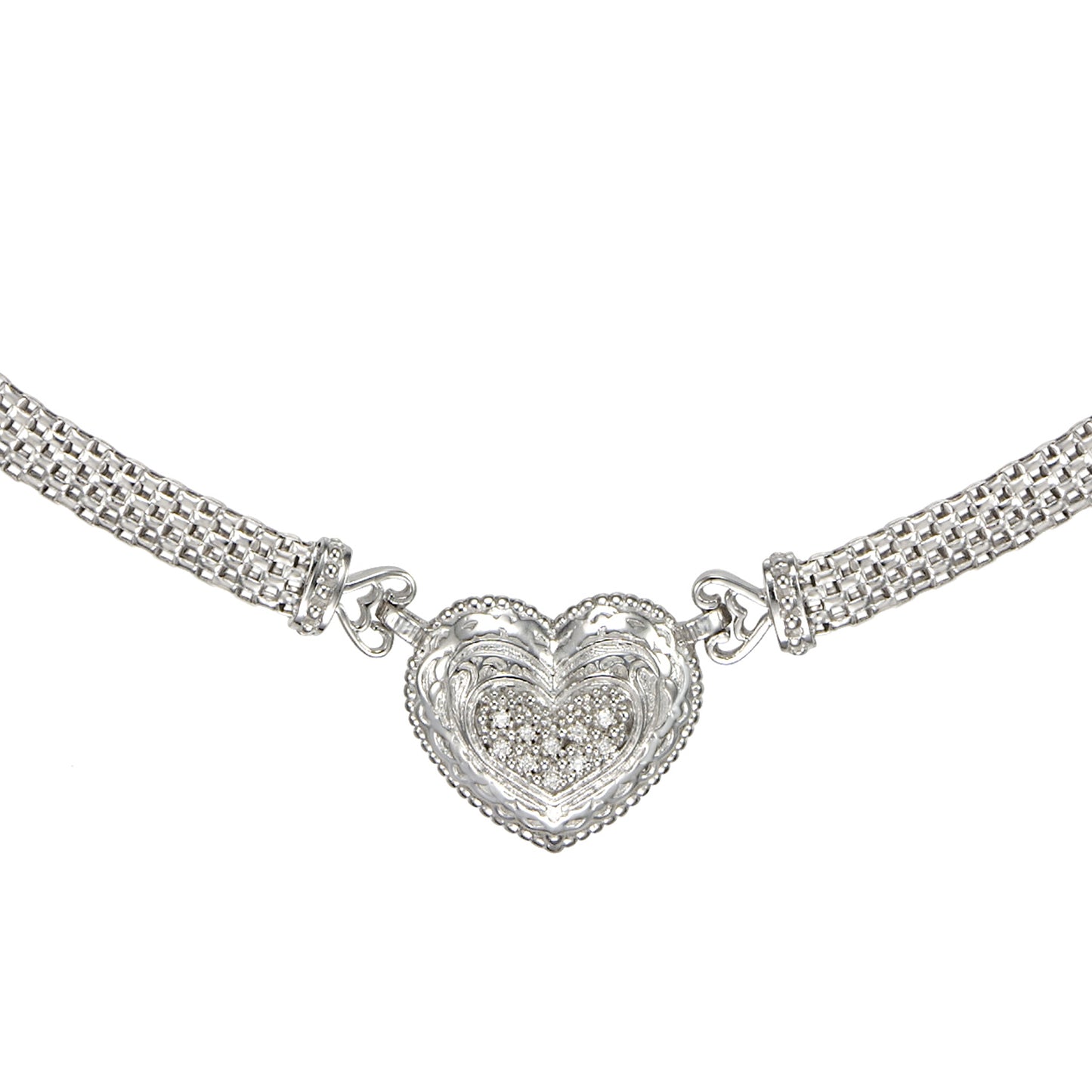 STERLING SILVER CUIBC HEART PAVE ON WIDE MESH OMEGA CHAIN