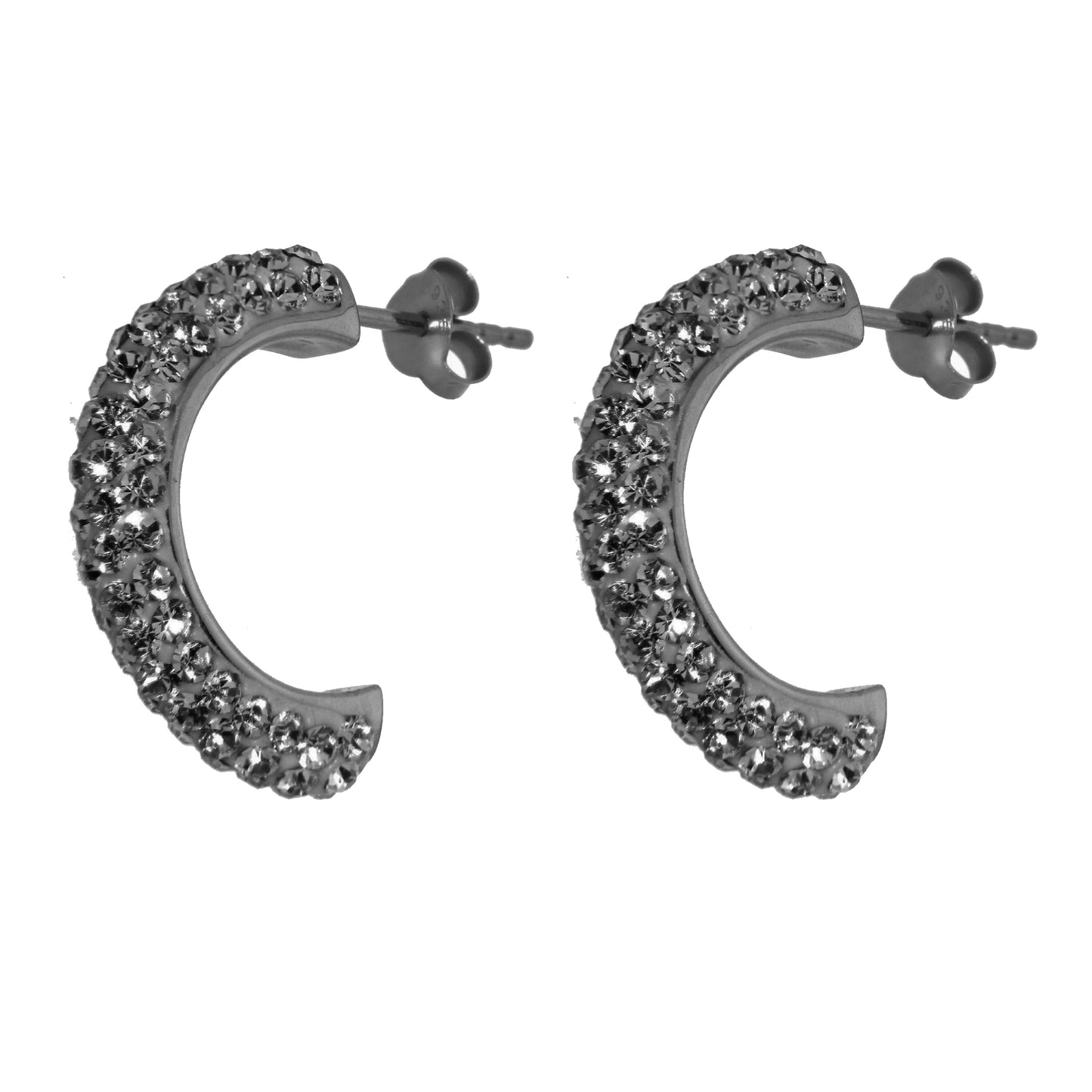 STERLING SILVER BLACK DIAMOND CRYSTAL "J" EARRING -{15MM} RHODIUM PLATE