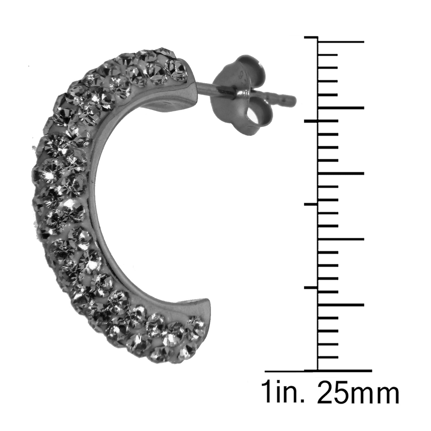 STERLING SILVER BLACK DIAMOND CRYSTAL "J" EARRING -{15MM} RHODIUM PLATE