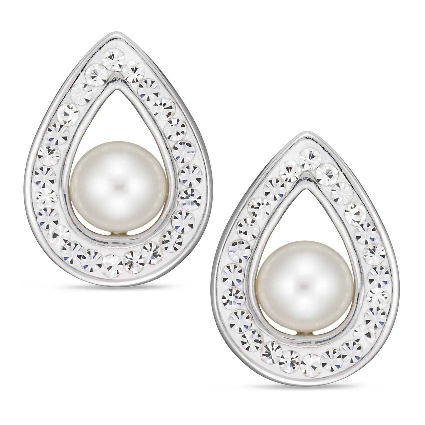 STERLING SILVER CLEAR CRYSTAL TEARDROP EARRING W/ FW PEARL