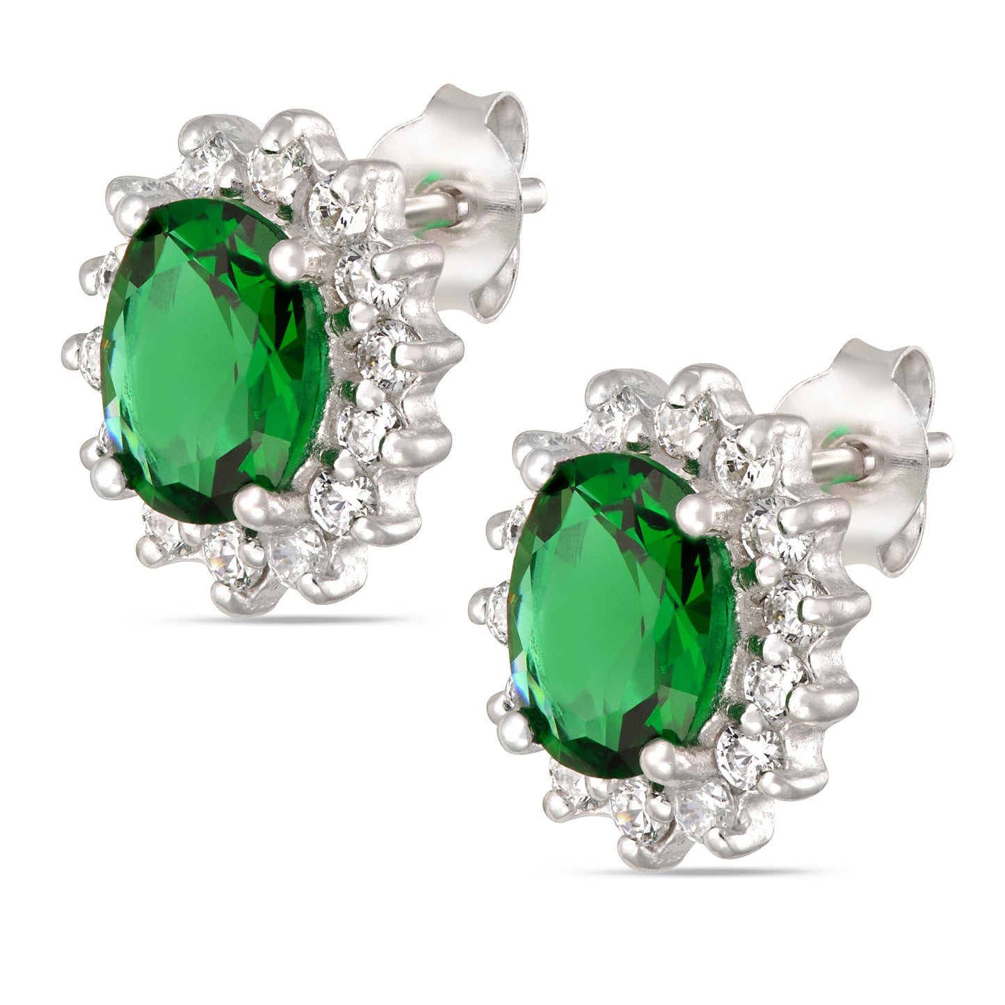 STERLING SILVER OVAL EMERALD CZ FRAMED WITH CUBICS STUDS