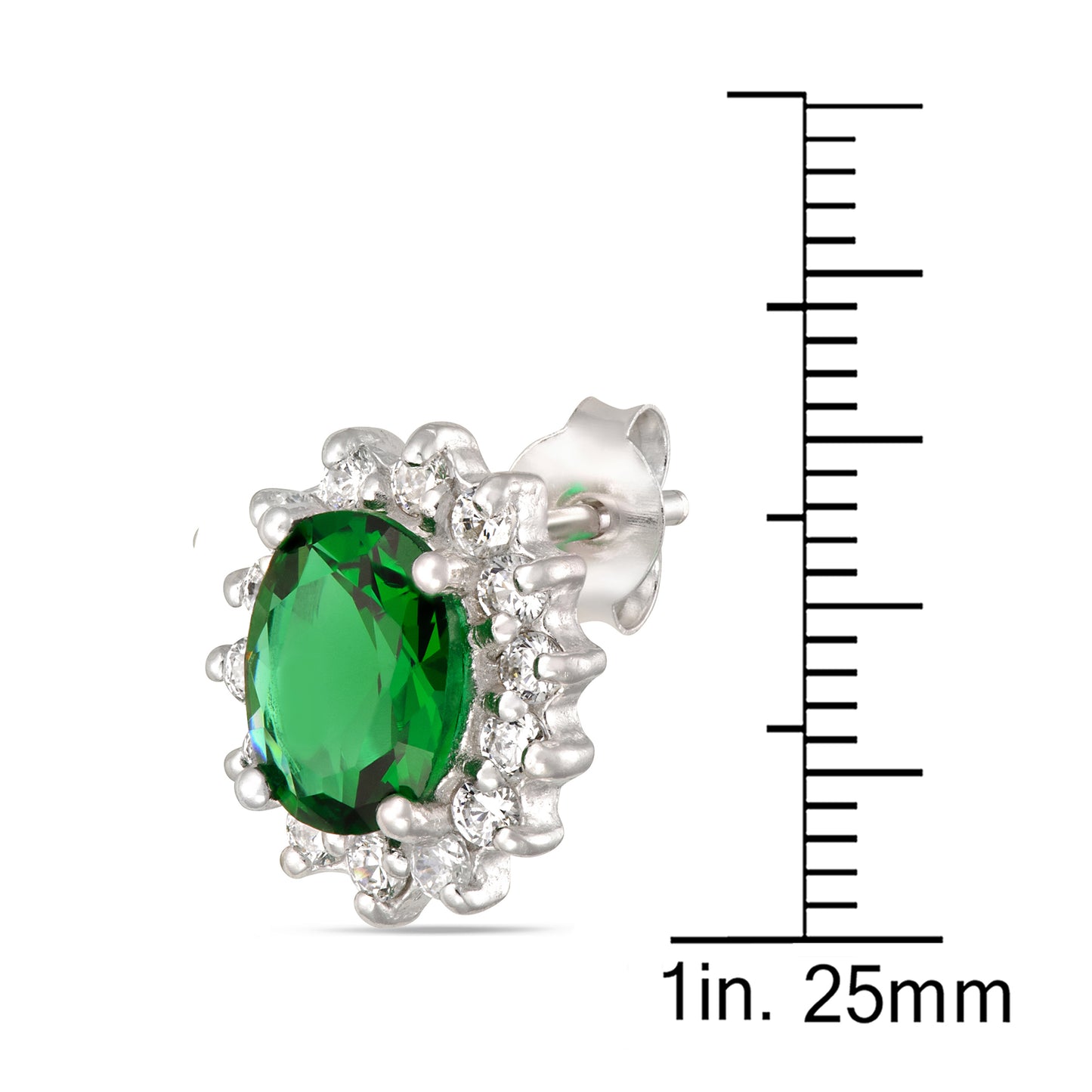 STERLING SILVER OVAL EMERALD CZ FRAMED WITH CUBICS STUDS