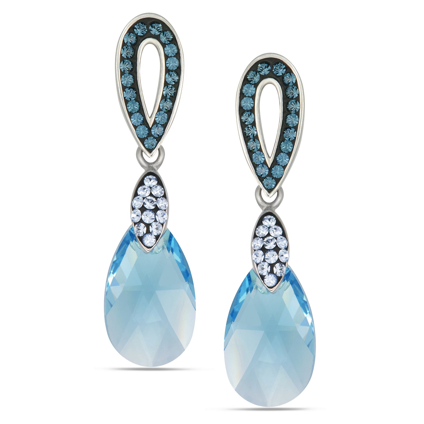 STERLING SILVER SILVER/RHODIUM PLATED SWAROVSKI CRYSTAL "BLUE TOPAZ TEARDROP