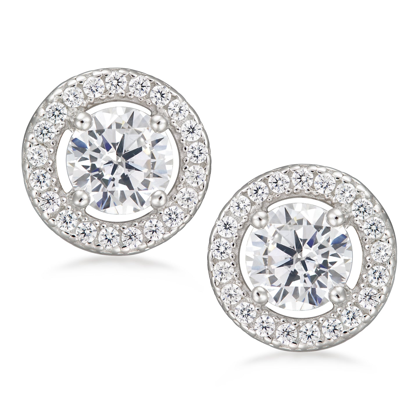 STERLING SILVER WHITE CZ HALO STUD EARRINGS RHODIUM FINISH