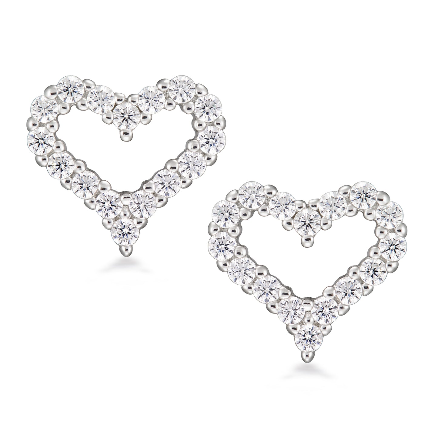 STERLING SILVER WHITE CZ HEART STUD RHODIUM FINISH