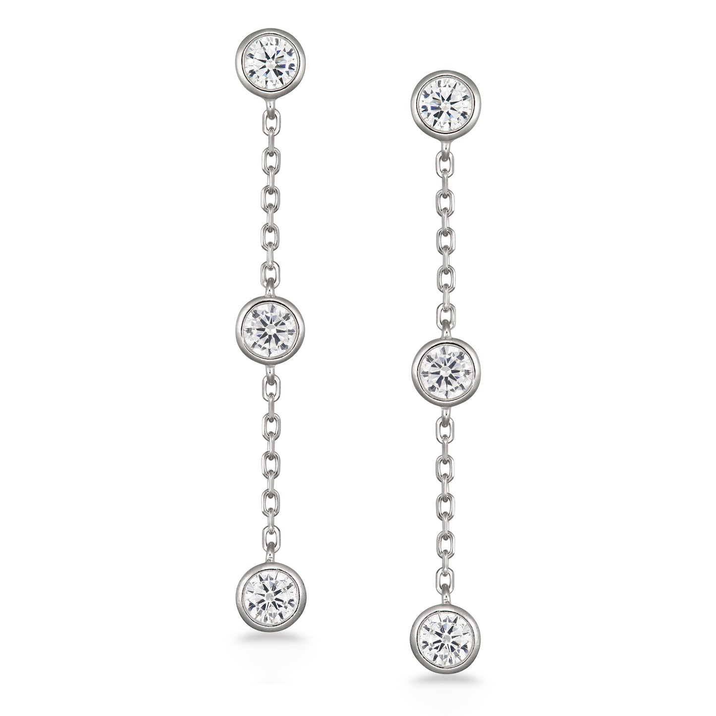 STERLING SILVER WHITE CZ BEZEL DROPEARRING - RHODIUM FINISH