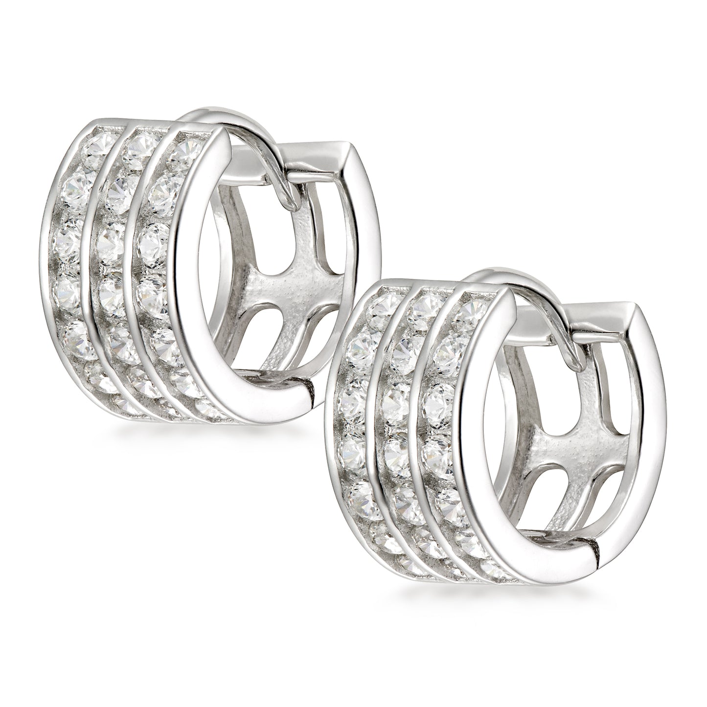 STERLING SILVER 3 ROW ROUND CZ HUGGIE {11.50 X 5.35 MM }RHODIUM FINISH