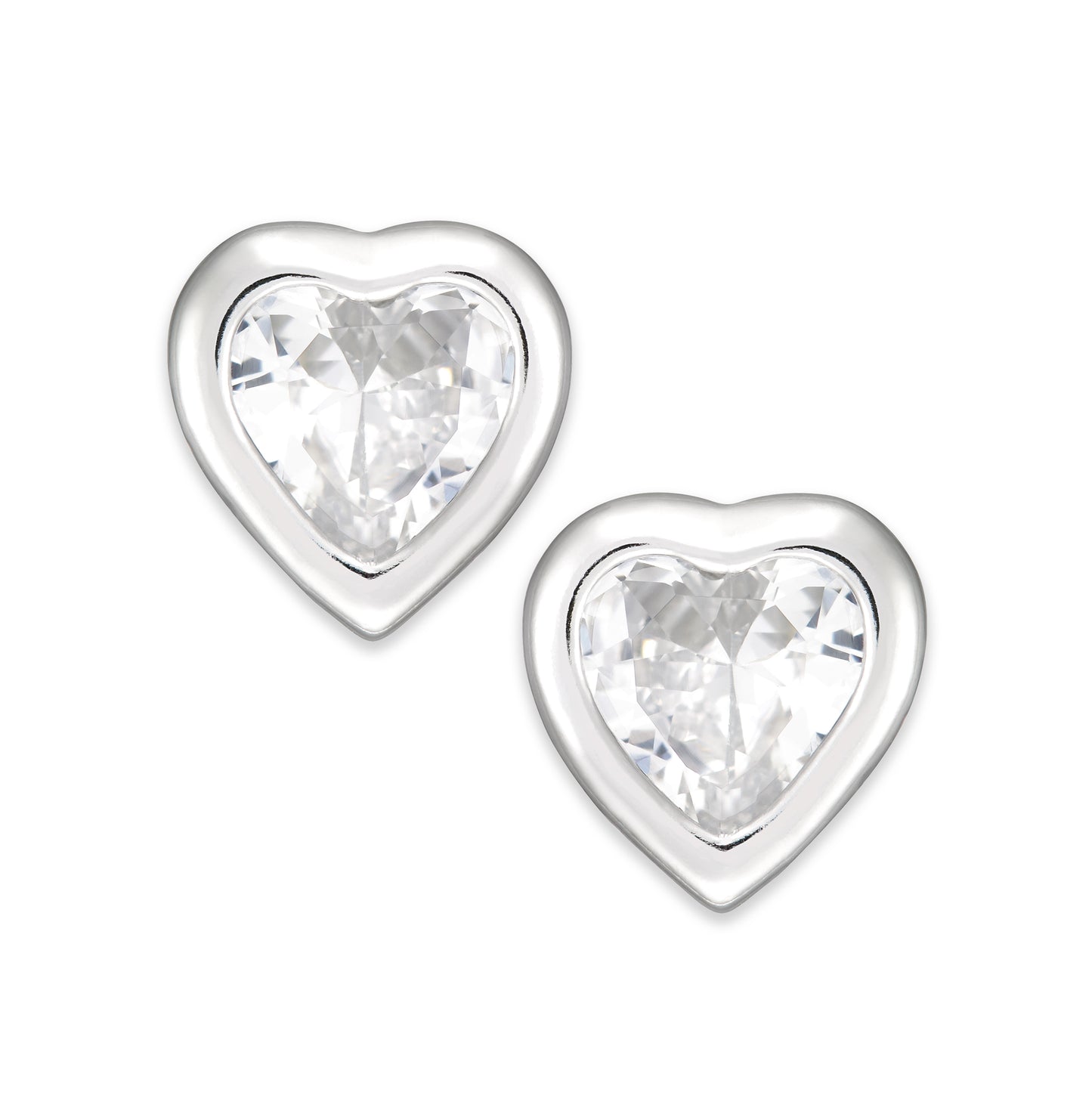 STERLING SILVER CZ HEART {6X6} STUD BEZEL SET EARRING RHODIUM FINISH