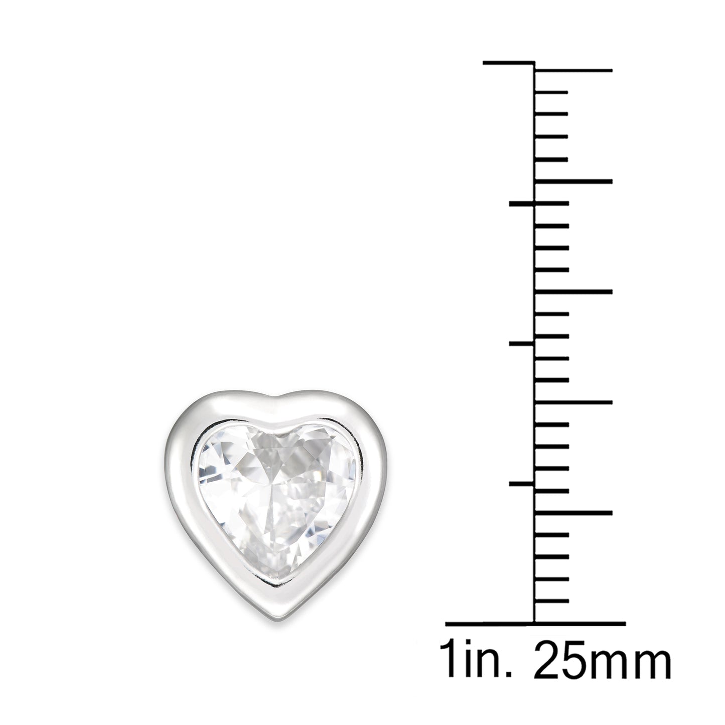 STERLING SILVER CZ HEART {6X6} STUD BEZEL SET EARRING RHODIUM FINISH