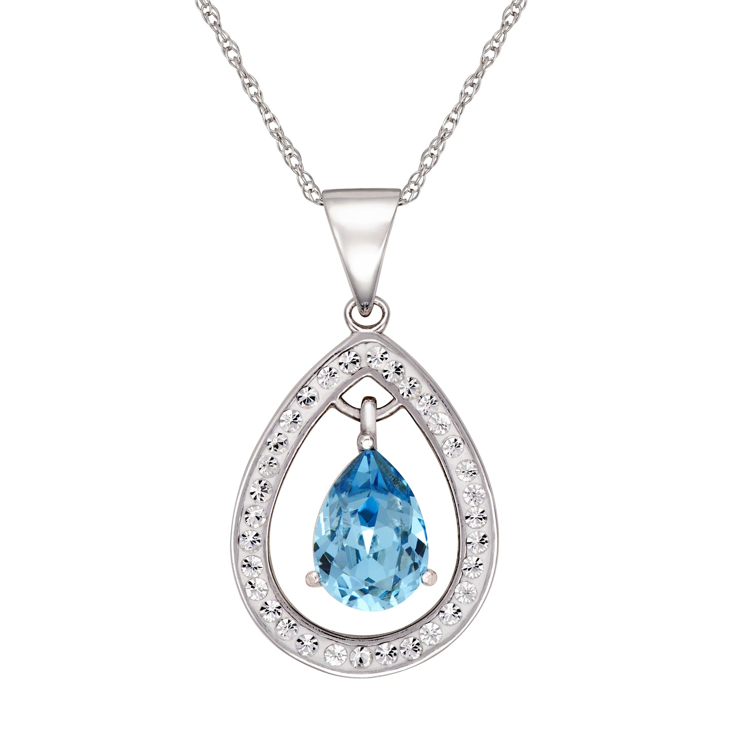 STERLING SILVER AQUA CZ IN TEAR DROP FRAME WITH CRYSTALS PENDANT