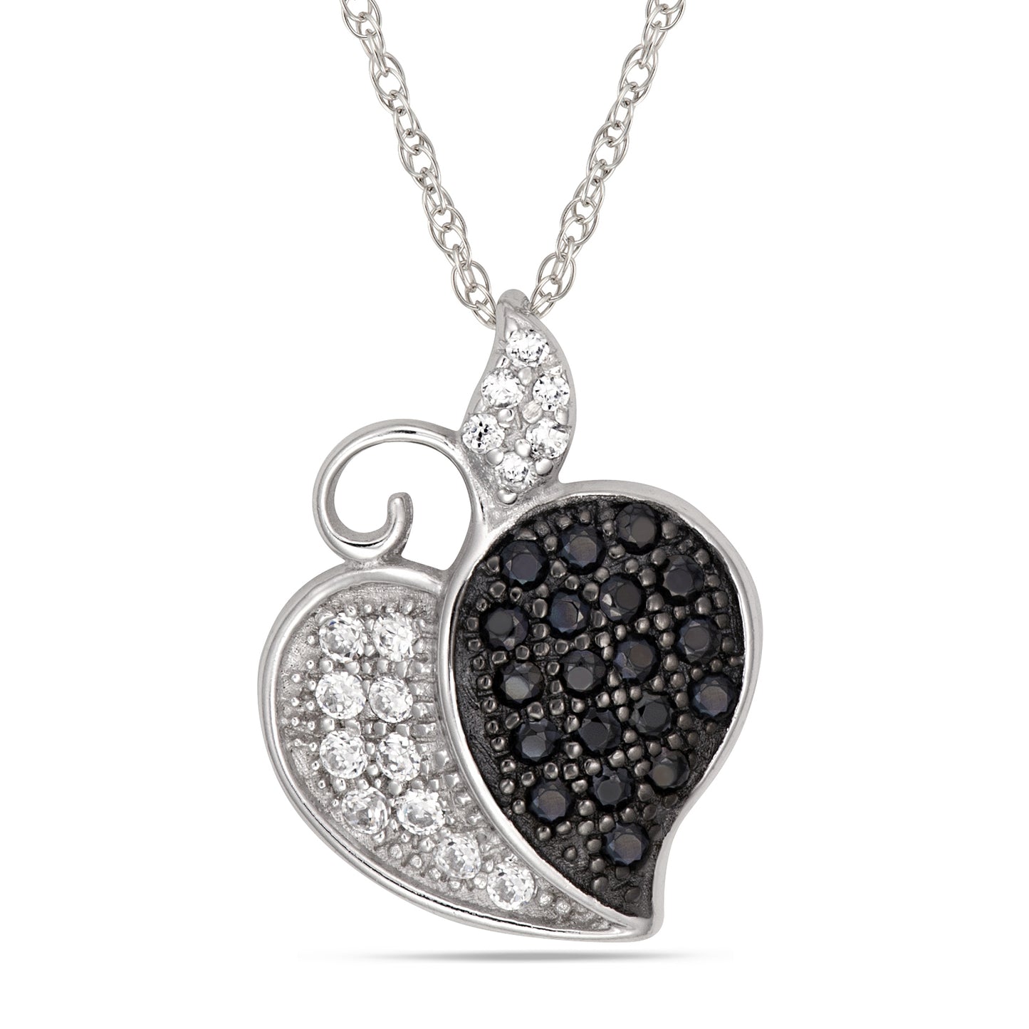 STERLING SILVER PAVE BLACK AND WHITE CZ HEART PENDANT