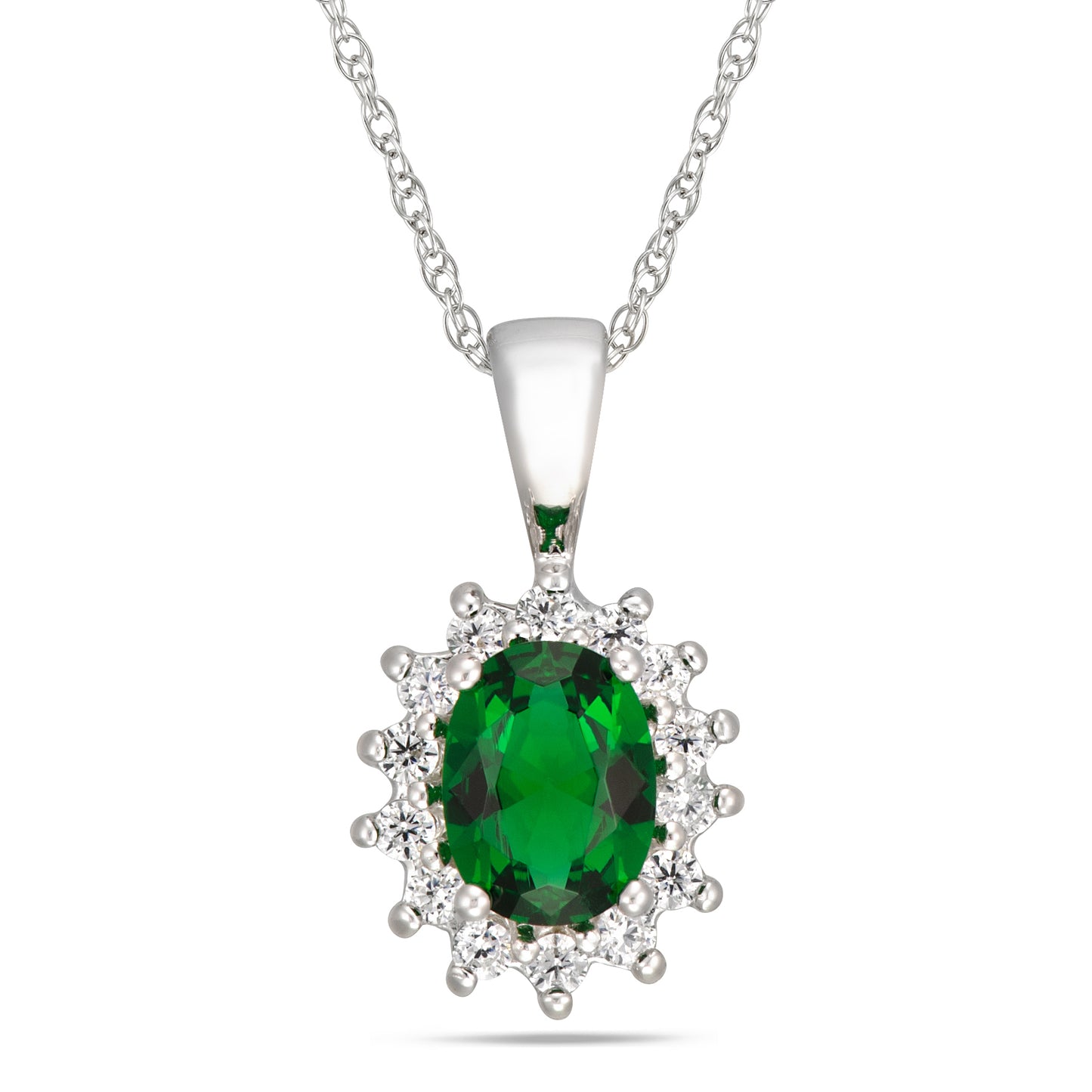 STERLING SILVER OVAL EMERALD CZ FRAMED WITH CUBICS PENDANT