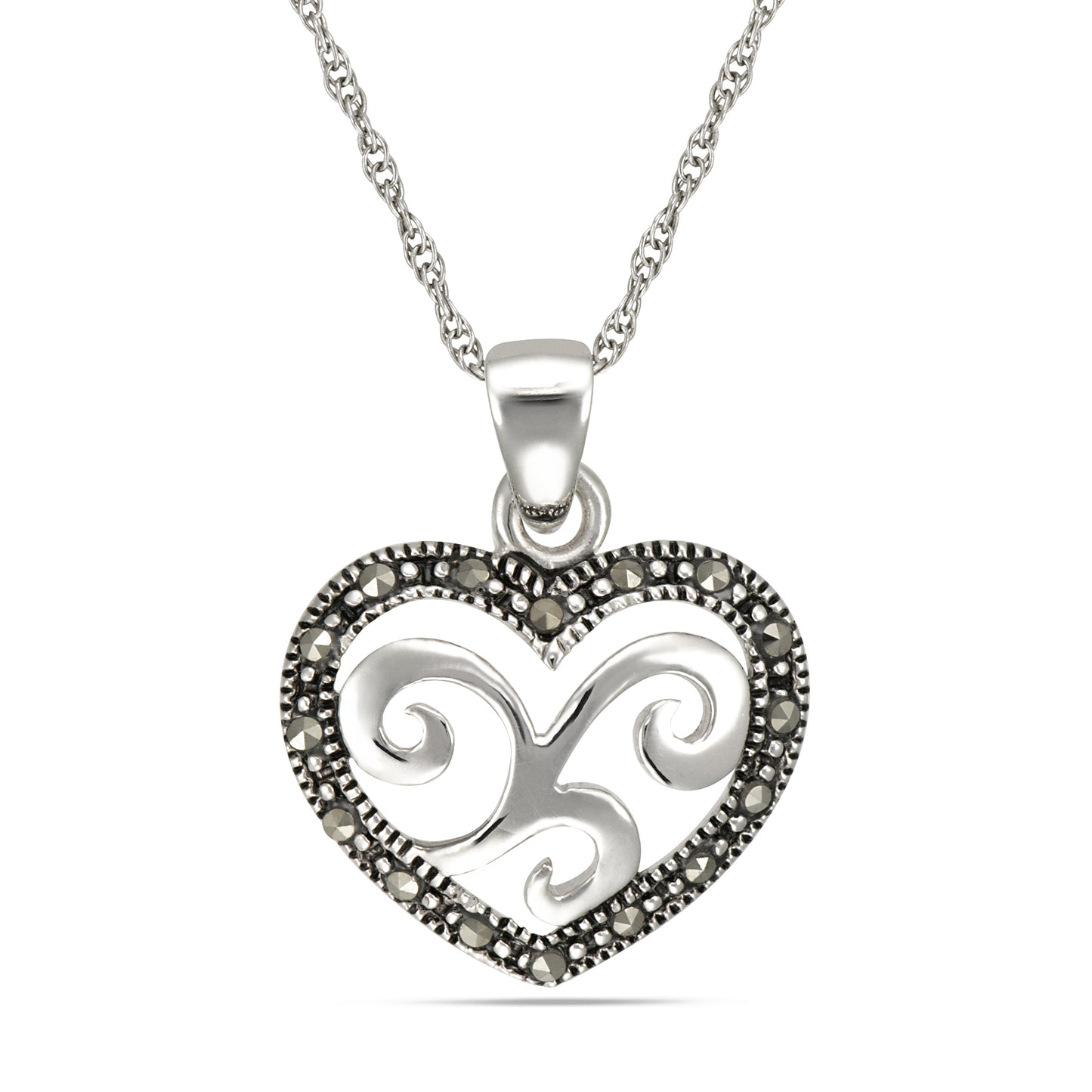 STERLING SILVER MARCASITE HEART PENDANT ON CHAIN