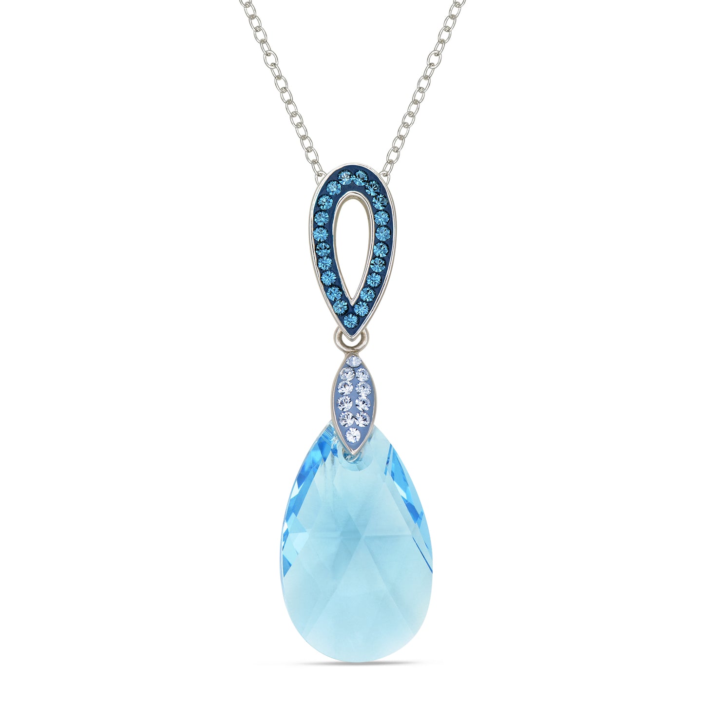 STERLING SILVER /RHODIUM PLATED SWAROVSKI CRYSTAL "BLUE TOPAZ TEARDROP PENDANT