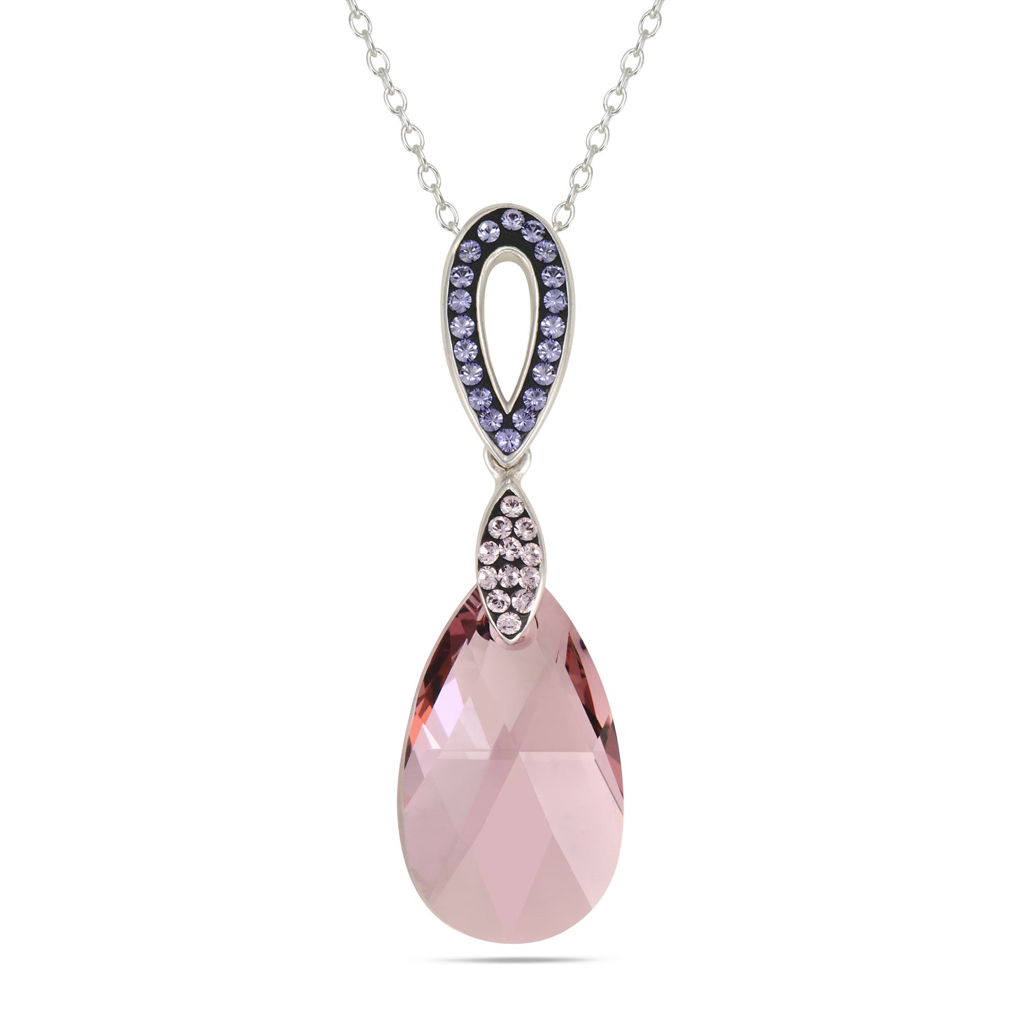 STERLING SILVER /RHODIUM PLATED SWAROVSKI CRYSTAL AND AMETHYST TEARDROP PENDANT