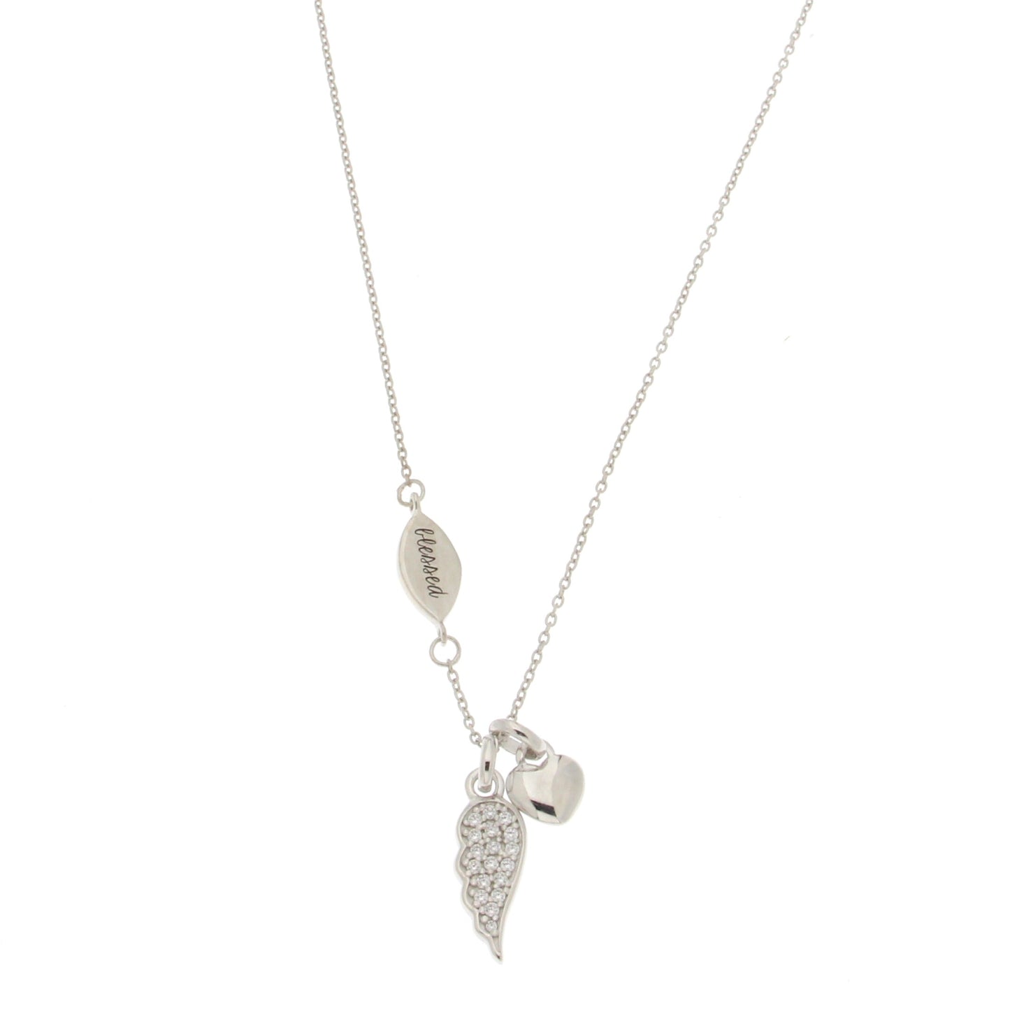 STERLING SILVER NECKLACE W/ LEAF & HEART CHARM & BLESSED PLAQUE STATION