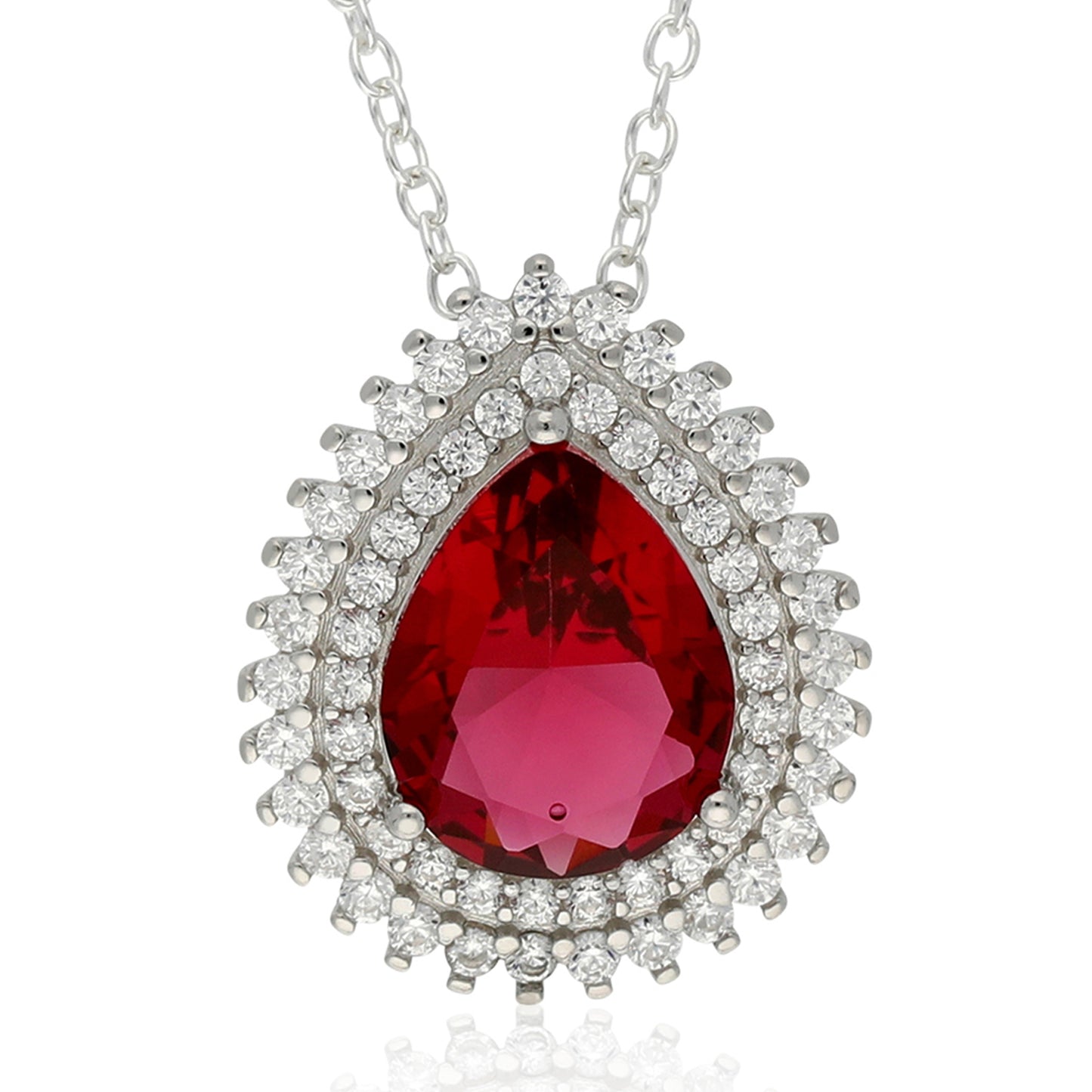 18" S/S PEAR SHAPED RUBY CZ WITH CZ HALO