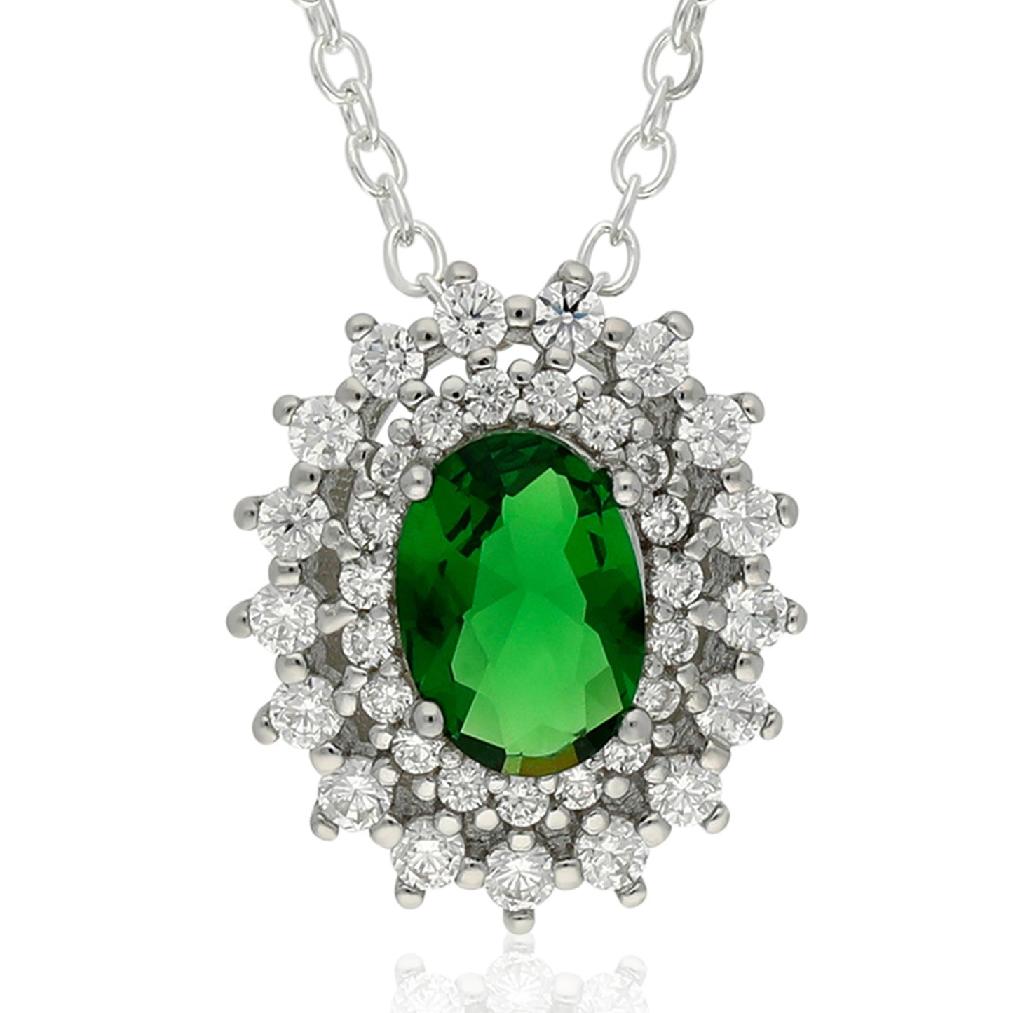 18" S/S OVAL EMERALD CZ WITH CZ HALO