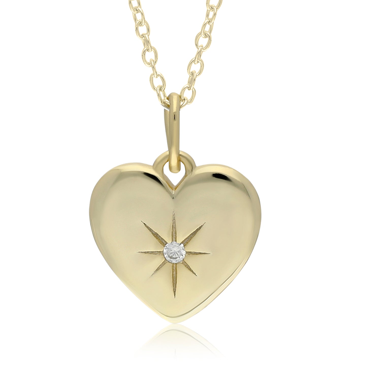 18" S/S HEART PENDANT WHITE CZ 14K GOLD +E-COATING