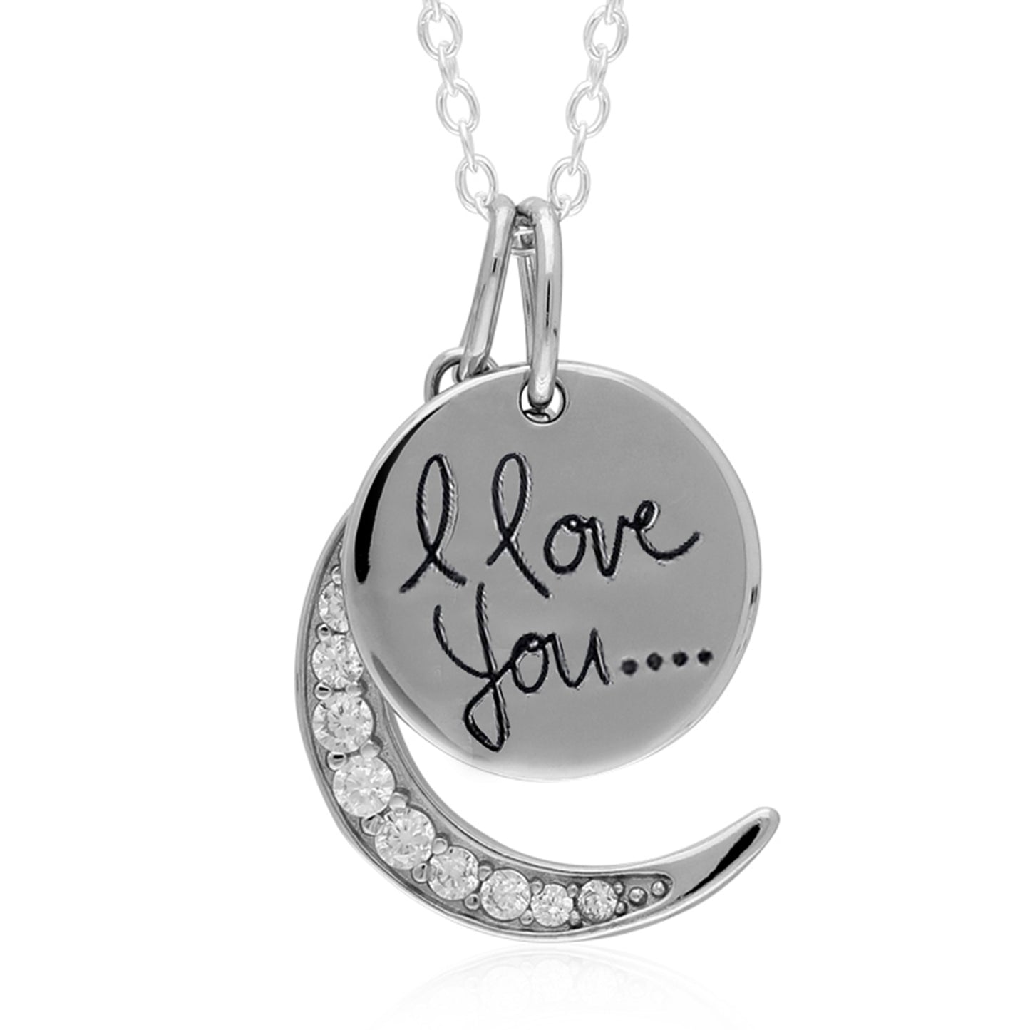 18" S/S I LOVE YOU PENDANT MOON CZ STONES