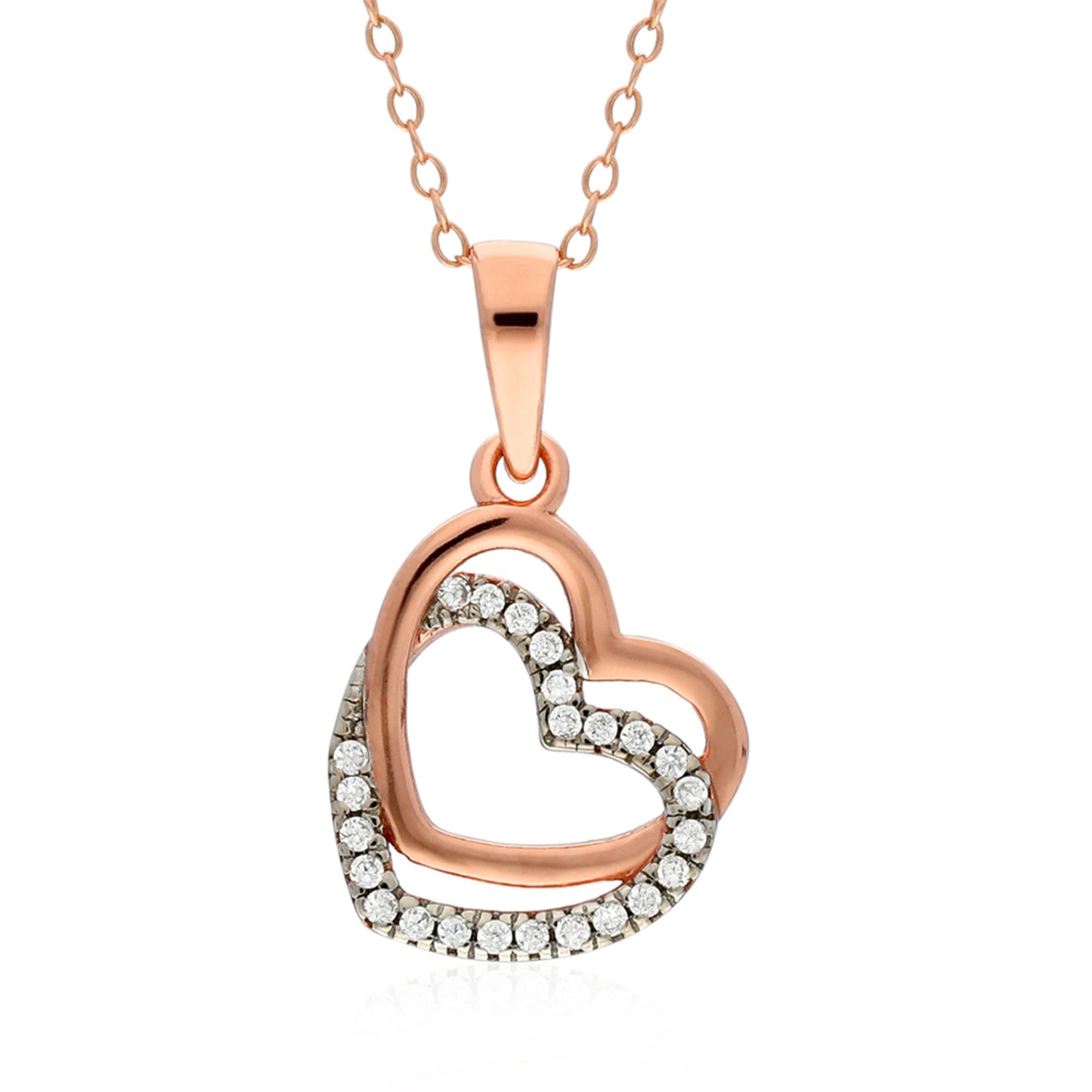 STERLING SILVER HEART CZ ROSE GOLD PENDANTON 18" CHAIN