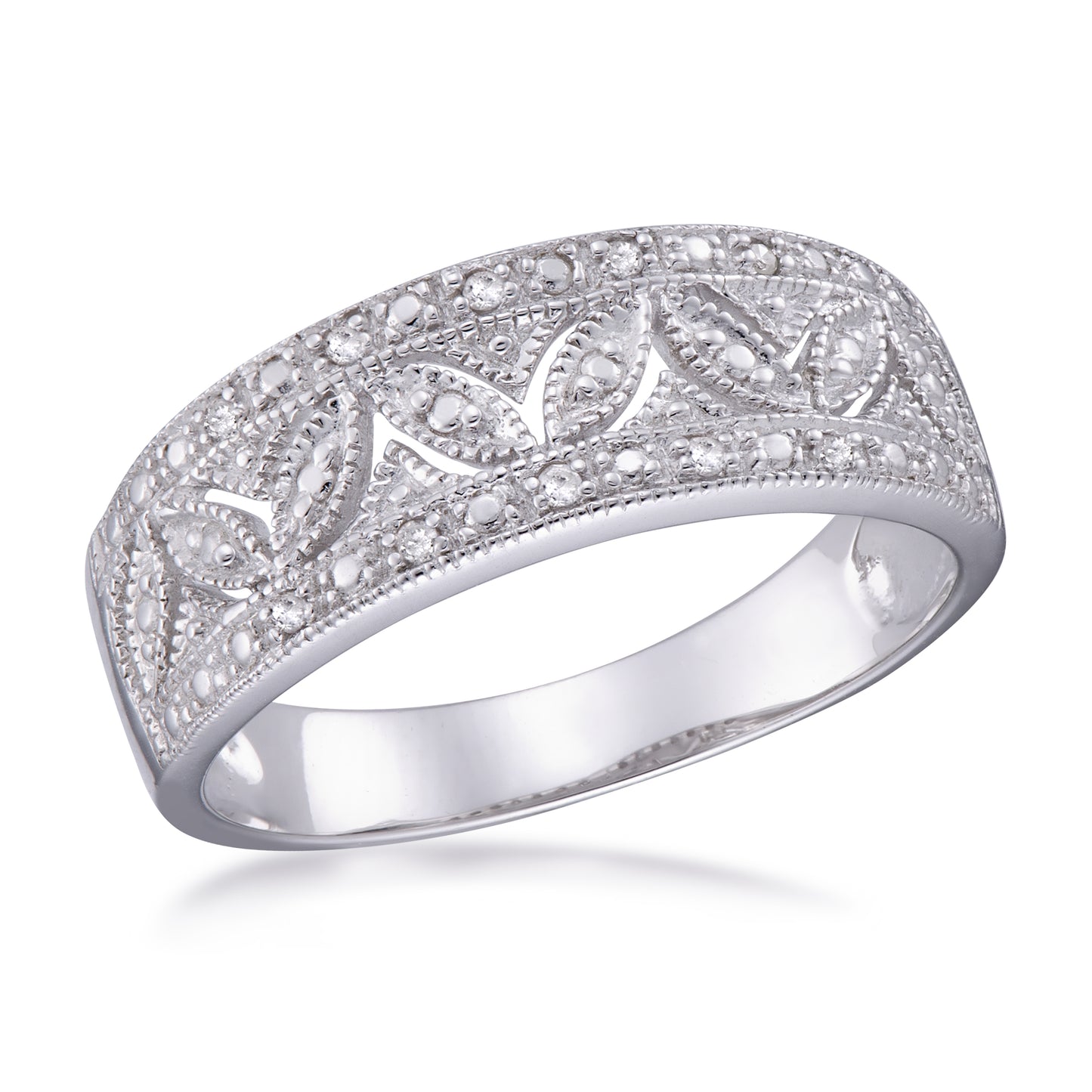 STG SILVER / RHODIUM LADIES RING DIAMOND ACCENT{ 6 X.006 TDW} H COLOR
