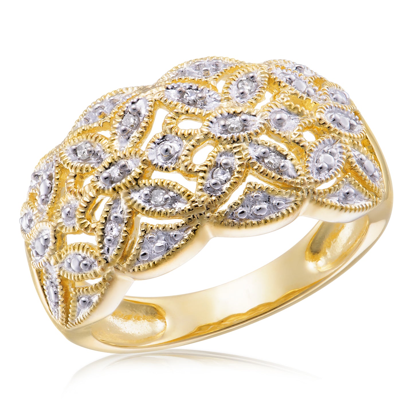 STG SILVER / GOLD PLATED DIAMOND ACCENT { 6 X.006 TDW} LADIES RING H COLOR