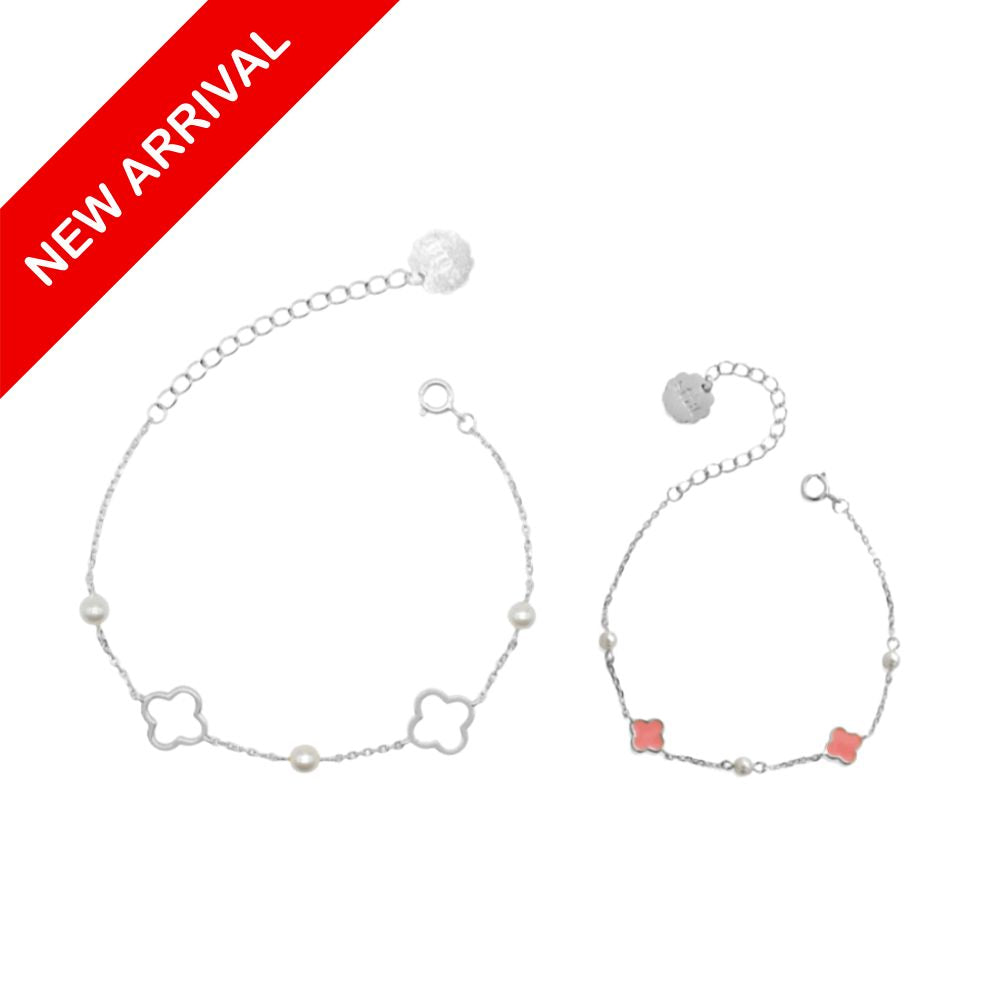 Mama & Mini Chain 14K Bracelet Set-Clover & Pearl