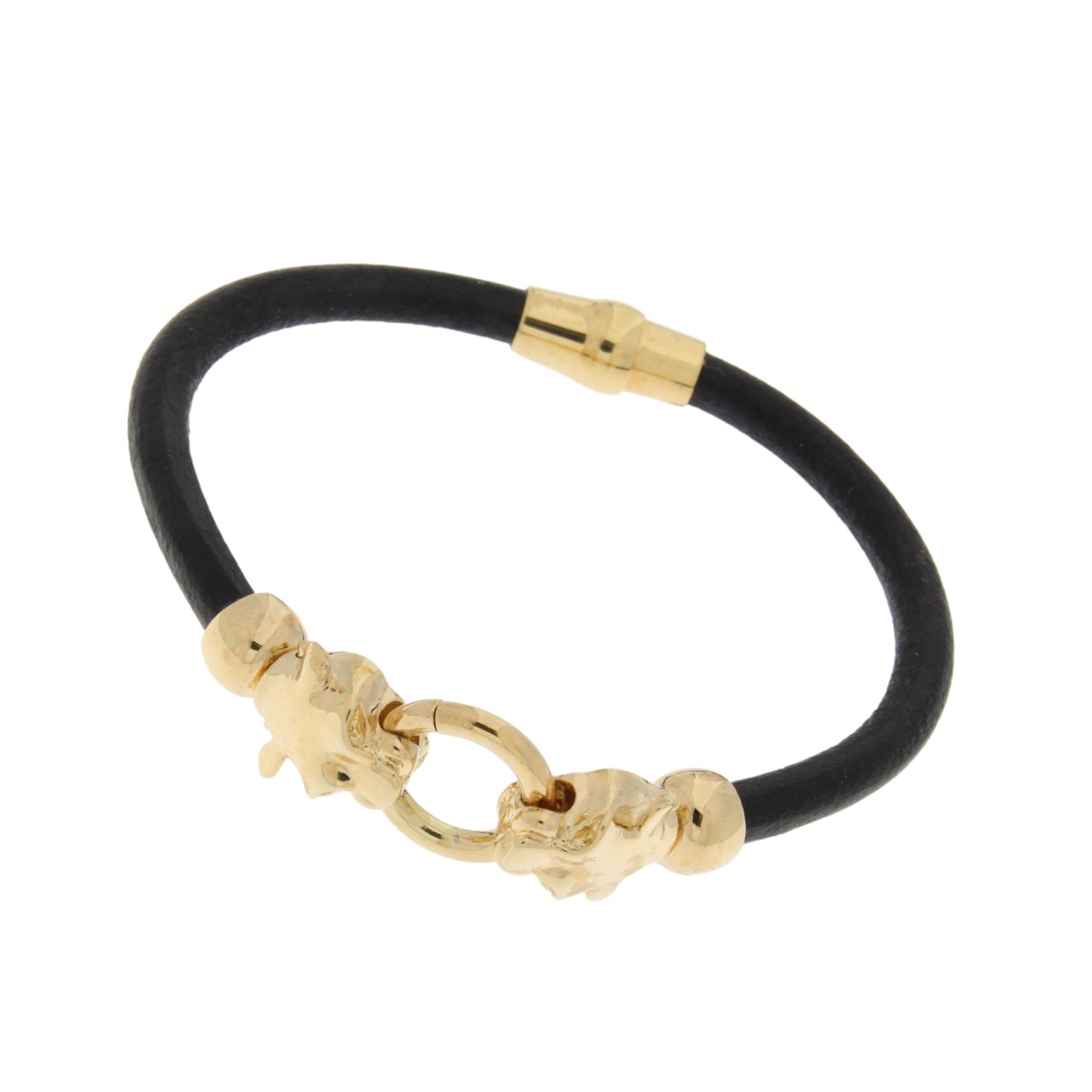 White Gold & Black Leather Cord Magnetic Panther Heads Bracelet