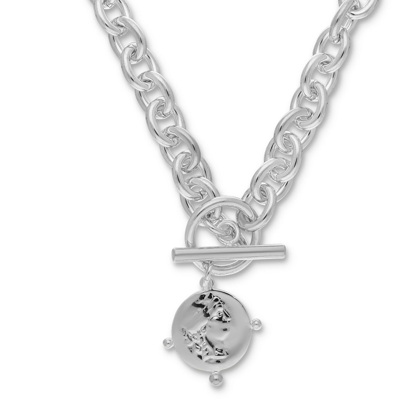 Silver Plated Polished Toggle Link W/Medallion Necklace