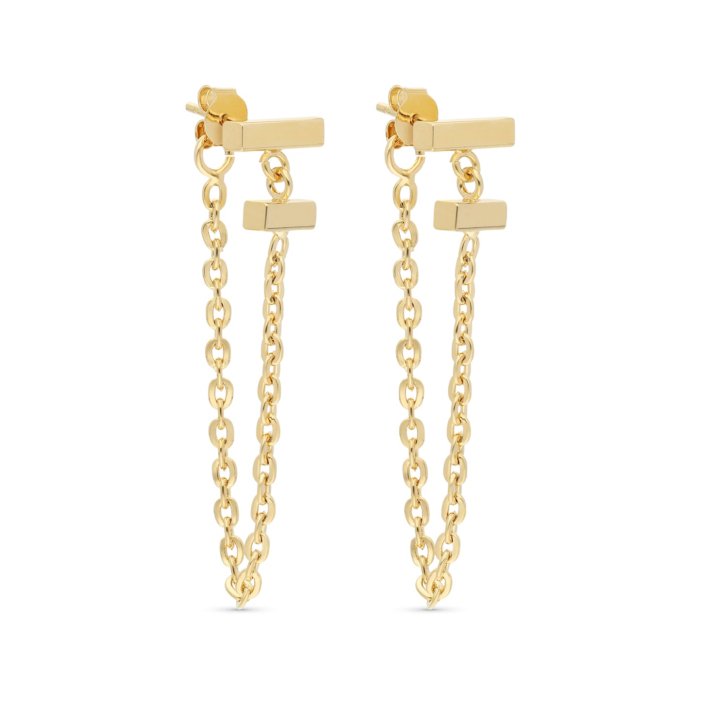Double Bar Stud Earrings W/Dc Cable Chain Drop