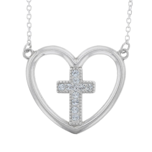 Sterling Silver Heart + Cross Crystal Necklace