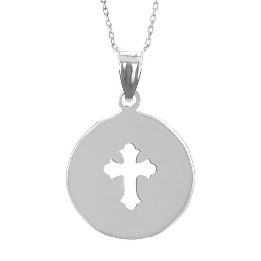 Sterling Silver Round Disc with Cut out Cross Necklace