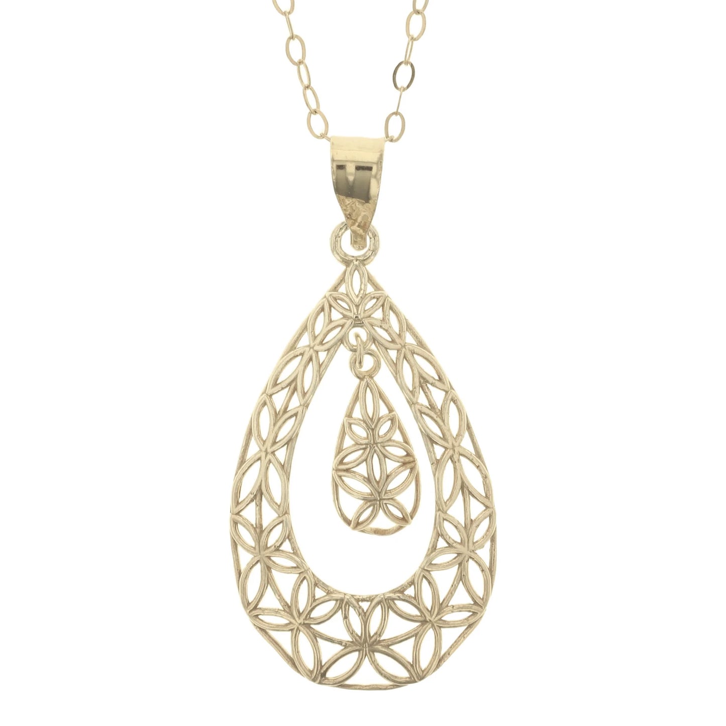Gold Plated Sterling Silver Diamond Cut Filigree Doiuble Teardop Pendant Necklace