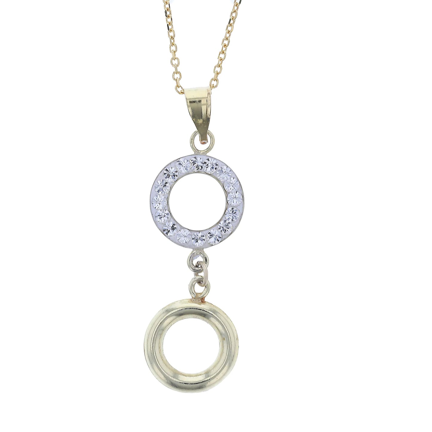 18KT Gold Plated Sterling Silver Double Open Circle Drop Pendant Necklace with White Crystals (Reversible)