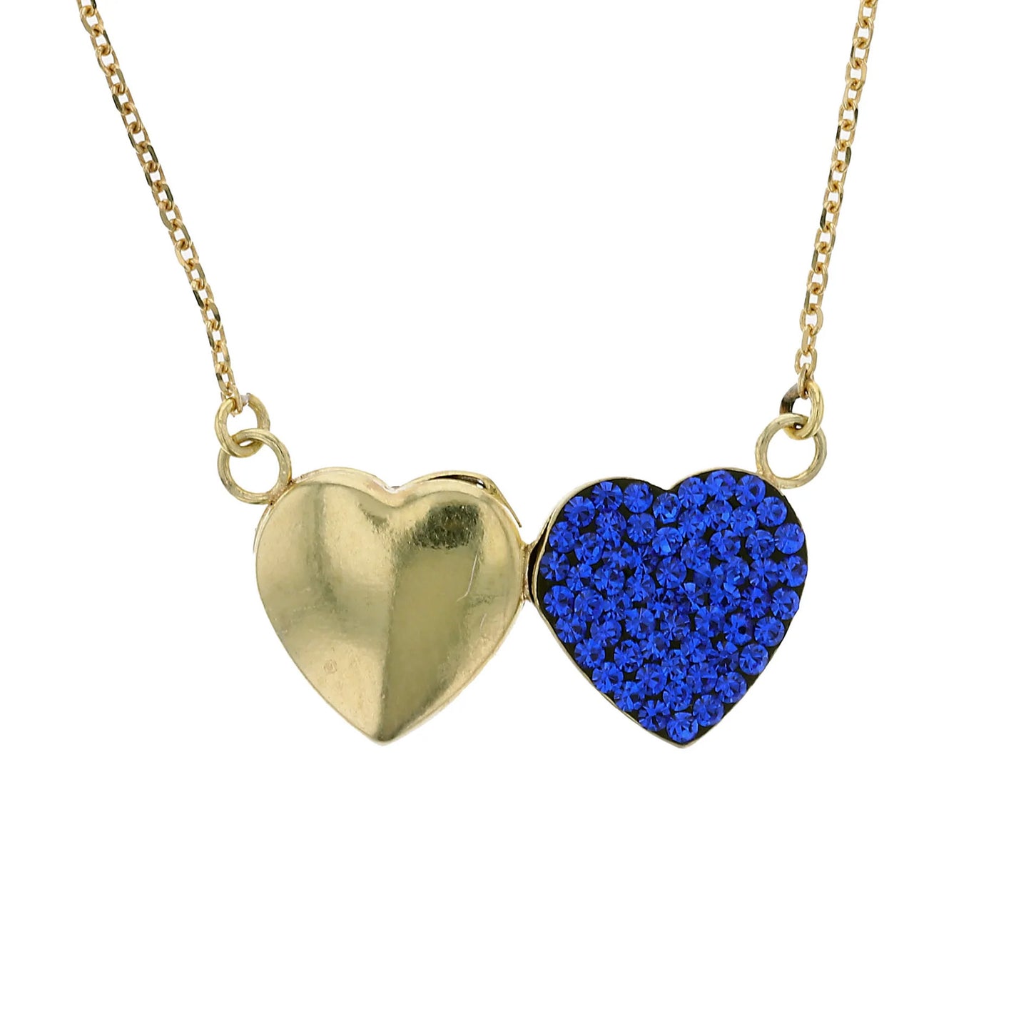 18K Gold Plated Sterling Silver Double Heart Horizontal Necklace with Sapphire Crystals.