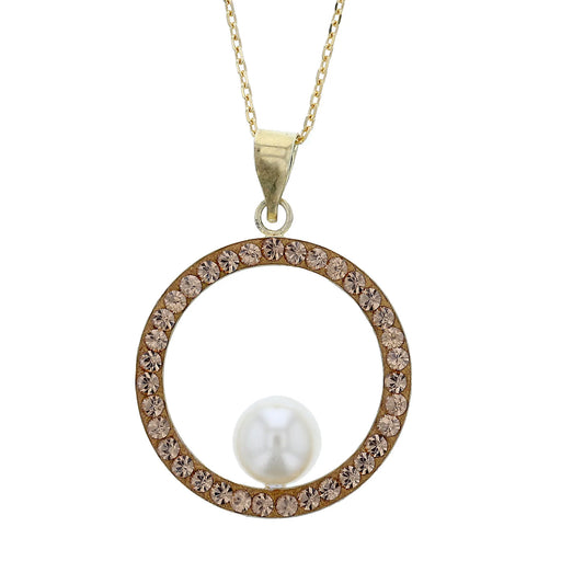 18K Gold Plated Sterling Silver Large Open Circle Pendant Necklace with Light Colorado Topaz and White Pearl.