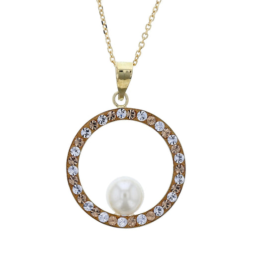 Copy of 18K Gold Plated Sterling Silver Large Open Circle Pendant Necklace with Light Colorado Topaz, White Crystals, and White Pearl