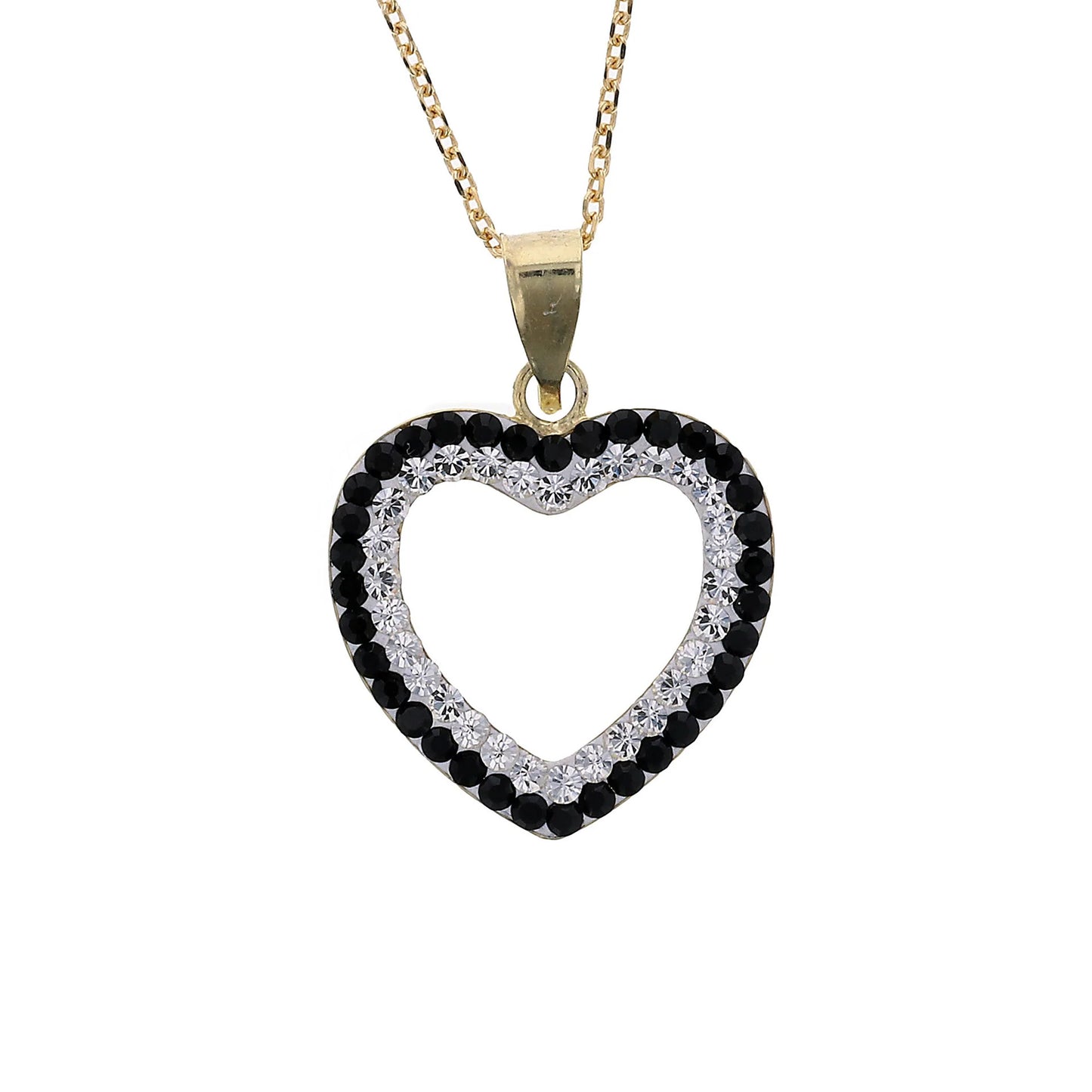 18K Gold Plated Sterling Silver Double Row Open Heart Medallion Necklace with Black and White Crystal