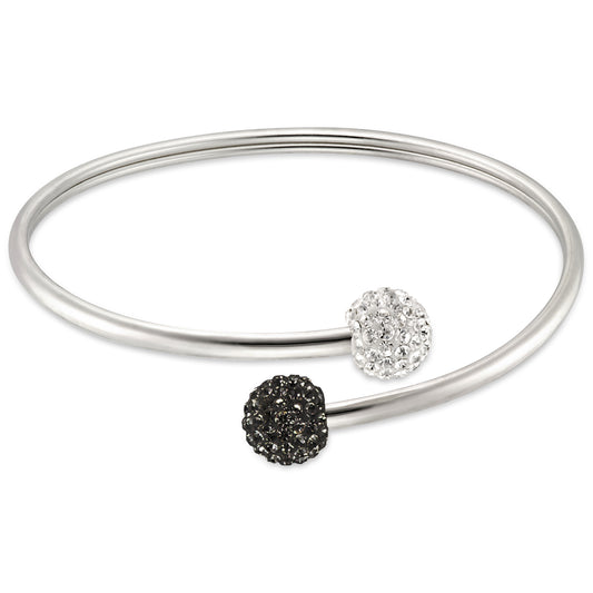 STERLING SILVER BYPASS BANGLE WITH JRT/WHITR CRYSTAL BALLS BEAD