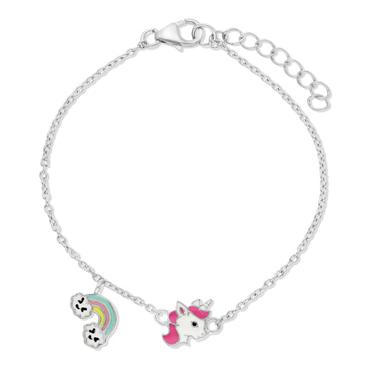 STERLING SILVER 5 + 1" ENAMELLED UNICORN & RAINBOW BRACELET