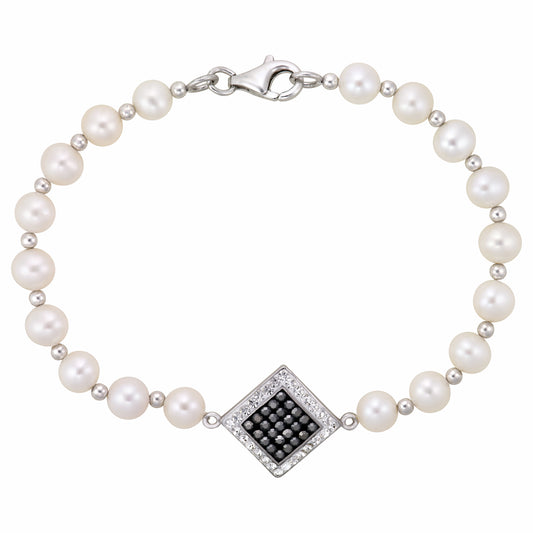 STERLING SILVER FW PEARL BRACELET WITH HEMATITE CRYSTAL CENTRE