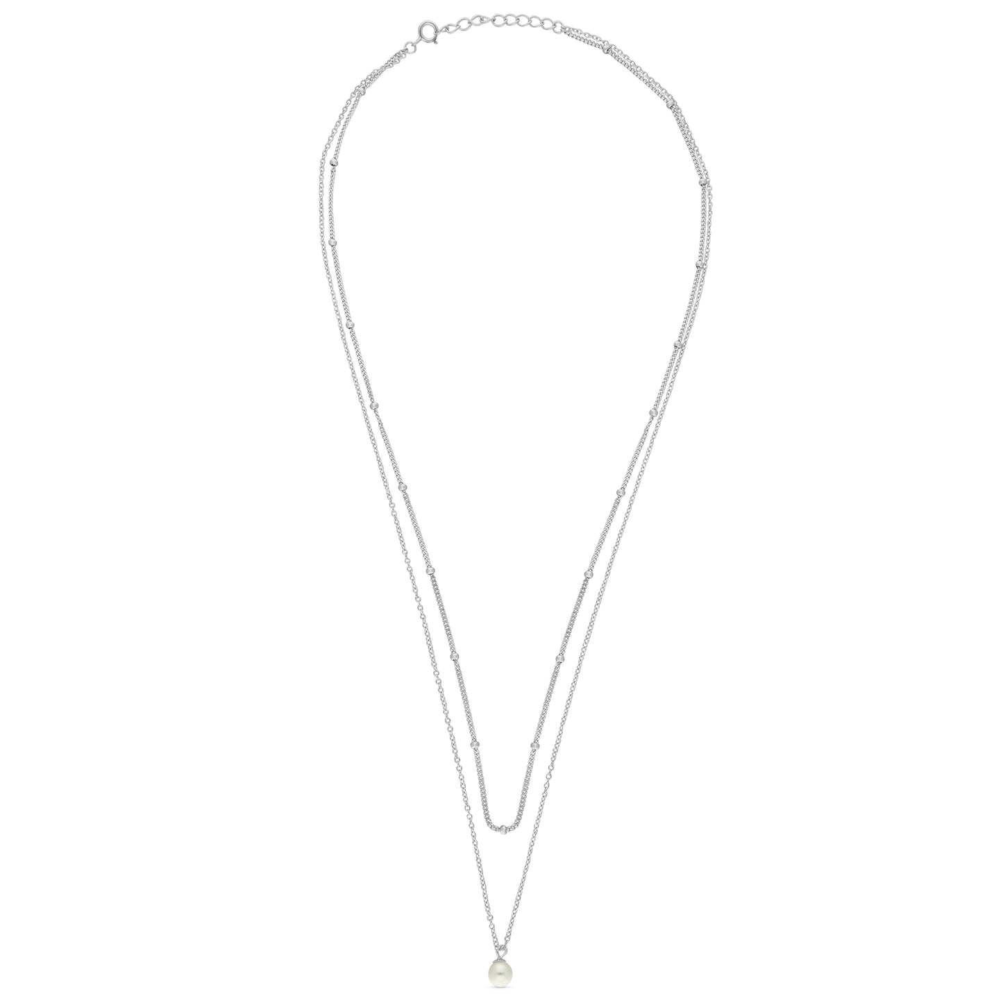 STERLING SILVER 16+1" DOUBLE STRAND NECKLACE WITH PEARL PENDANT