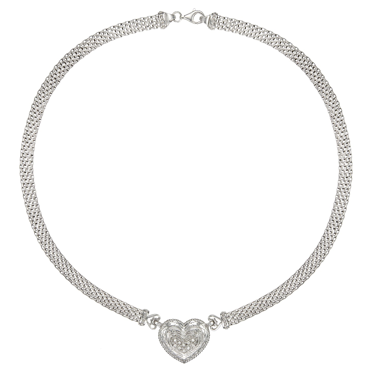 STERLING SILVER CUIBC HEART PAVE ON  WIDE MESH OMEGA CHAIN